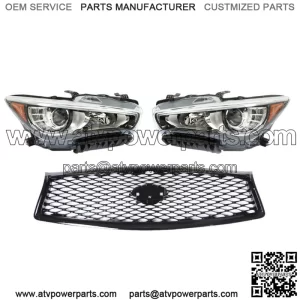 Pair Headlights+Front Upper Grille For 2014-2016 2017 Infiniti Q50 w/o AFS LH+RH