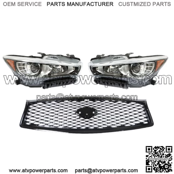 Pair Headlights+Front Upper Grille For 2014-2016 2017 Infiniti Q50 w/o AFS LH+RH